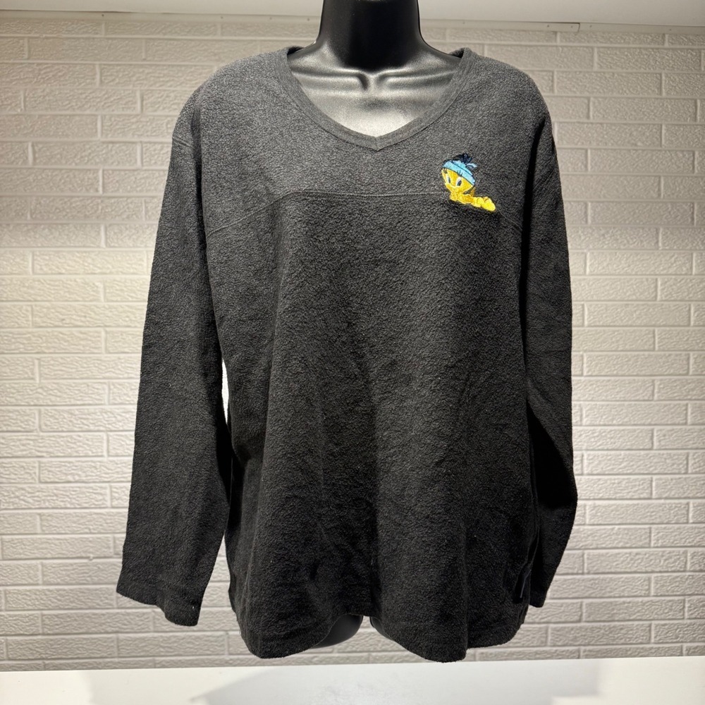 Looney Tunes‎ Tweety Bird Fleece Pullover Sweater XL Gray Long Sleeve V Neck